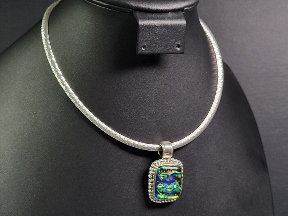 Dyadema 925 Sterling Silver Dichroic Glass Multicolor Pendant On Necklace Italy